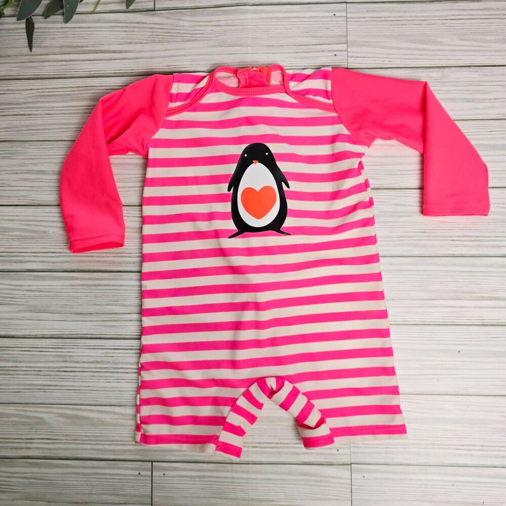 Kids Pink Stripe Penguin Rash Guard One-Piece Swimsuit